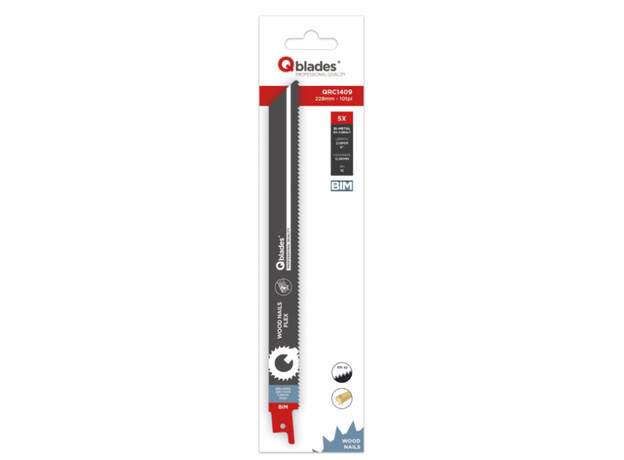Qblades Reciprozaagblad Hout met spijkers, Felxibel, BIM, 10tpi - 228mm - Blister 5 stuks, 2 image